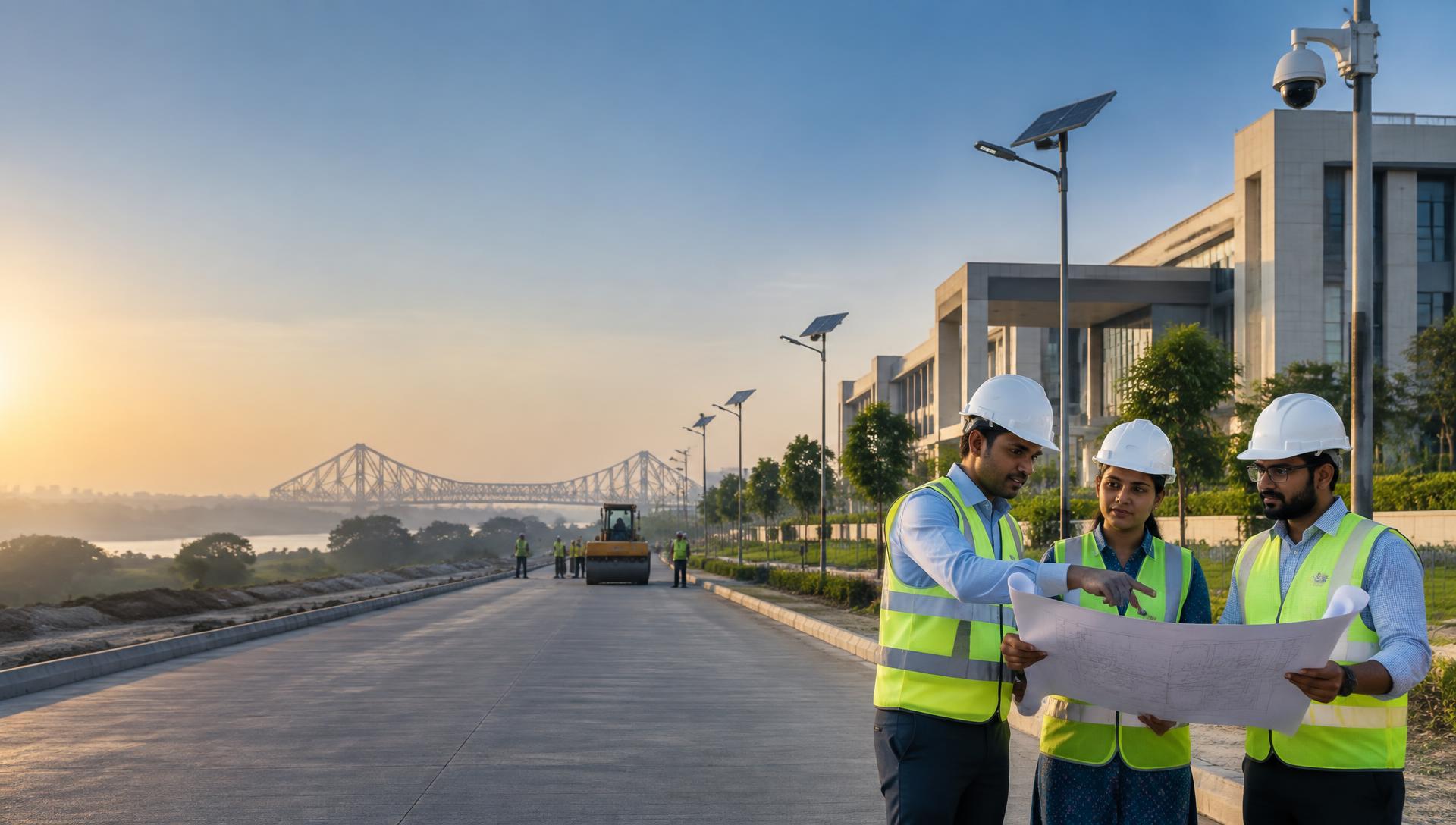 Infrastructure project execution team reviewing plans at a modern institutional site