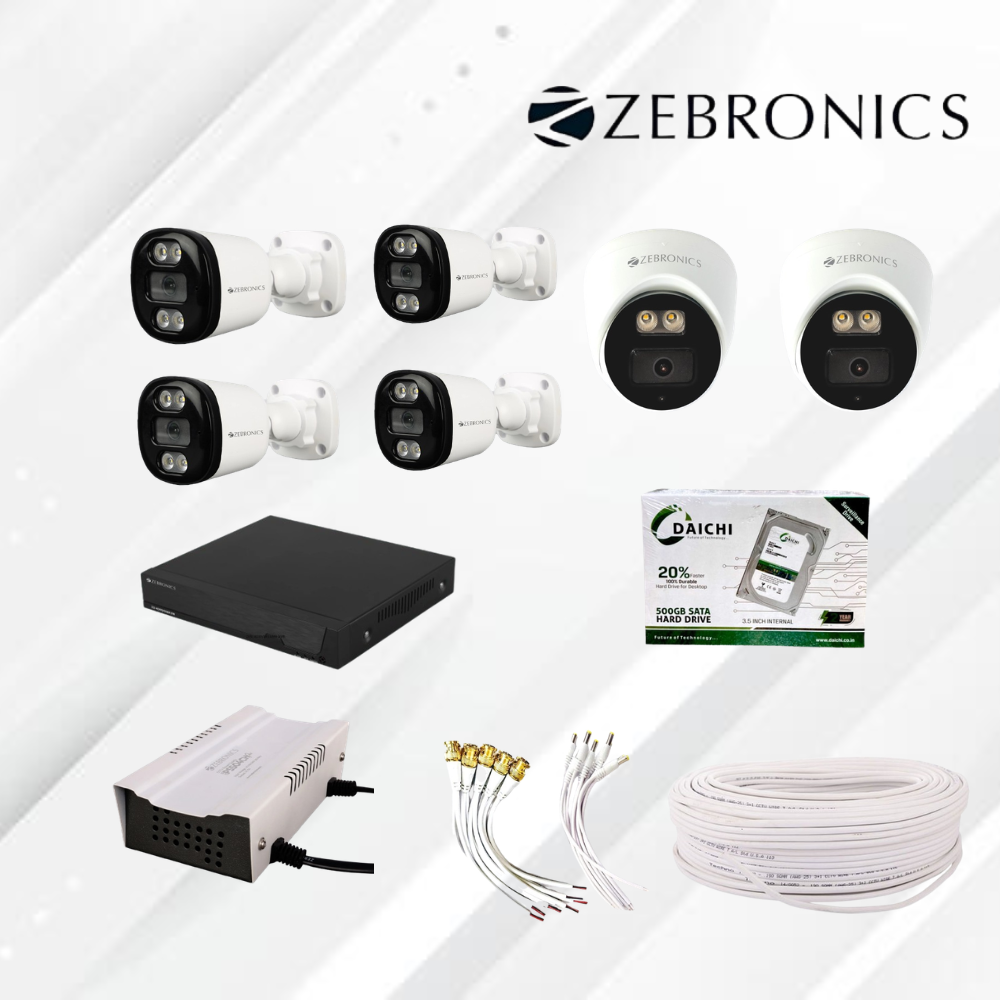 Zebronics 2MP CCTV Combo –2 Dome + 4 Bullet Cameras | 8 Channel DVR | 70m Cable |8 Channel SMPS & Connector