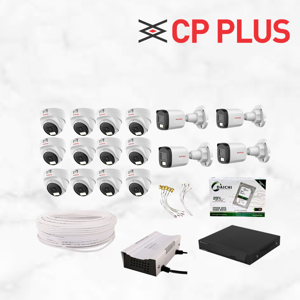 2.4mp CP PLUS dual light 16 pics combo with 500GB HDD-16 ch DVR | 16 ch SMPS |90m cable & connector